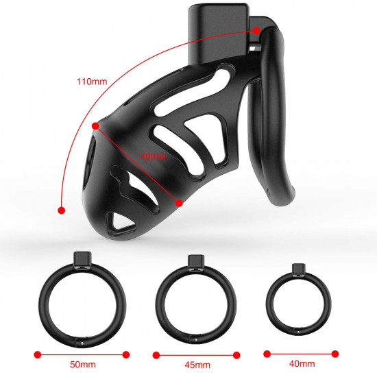 Клетка для пениса LOCKINK SEVANDA Plastic Penis Chastity Cage, черная, 3 кольца разных размеров