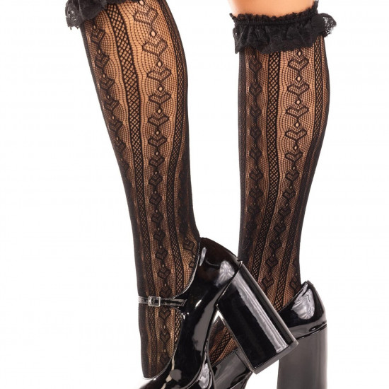 Гольфы ажурные Leg Avenue Sweetheart Ruffle Cuff Knee Highs, черные, с рюшами, рисунок-сердечки