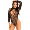 Боді Leg Avenue High neck lace bodysuit, One Size, чорне, довгий рукав, стрінги, квітковий малюнок