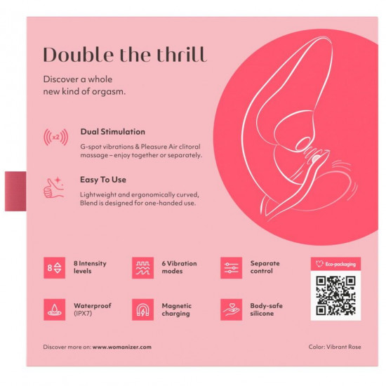 Вагінально-кліторальний стимулятор Womanizer Blend Vibrant Rose, вібрація + вакуум, 2 мотори