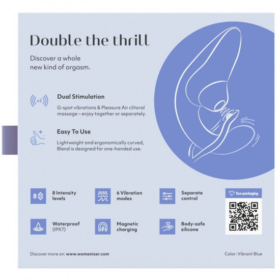 Вагінально-кліторальний стимулятор Womanizer Blend Vibrant Blue, вібрація + вакуум, 2 мотори