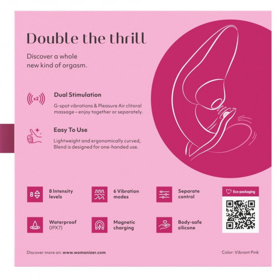 Вагінально-кліторальний стимулятор Womanizer Blend Vibrant Pink, вібрація + вакуум, 2 мотори