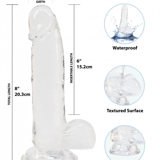 Прозорий фалоімітатор на присосці ADDICTION — Clear Dildo with Balls 8″, віброкуля в подарунок