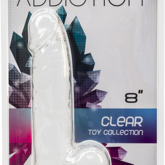 Прозорий фалоімітатор на присосці ADDICTION — Clear Dildo with Balls 8″, віброкуля в подарунок